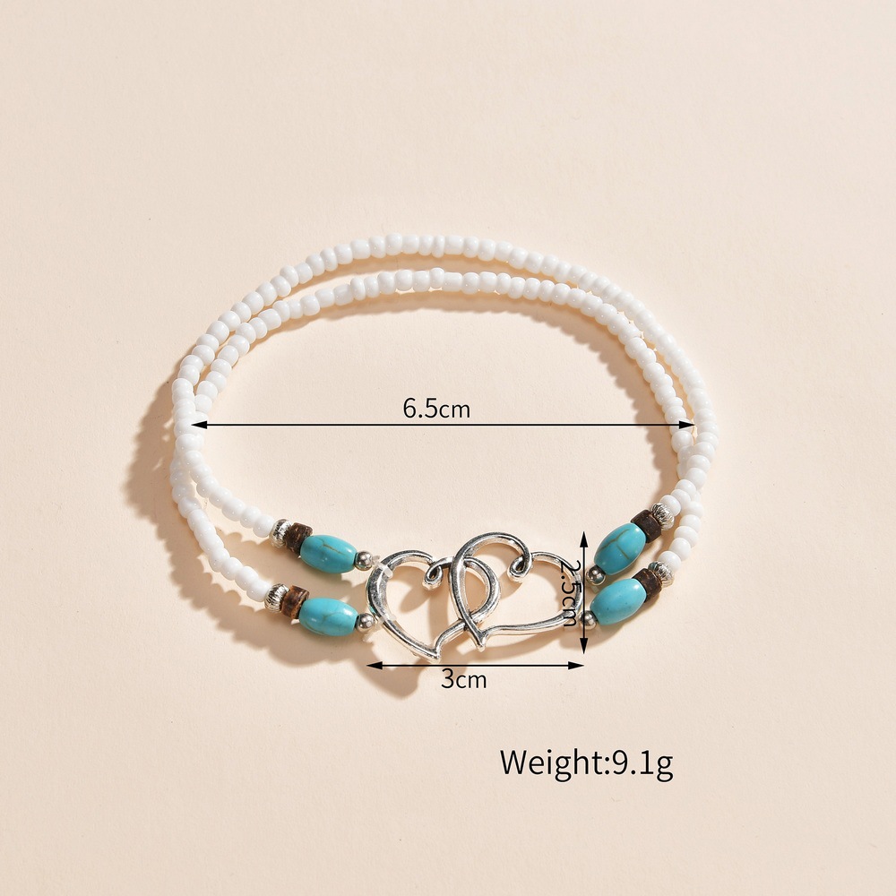 Trendy Vacation Style Alloy Double Heart Bead Turquoise Elastic Anklet - Image 6