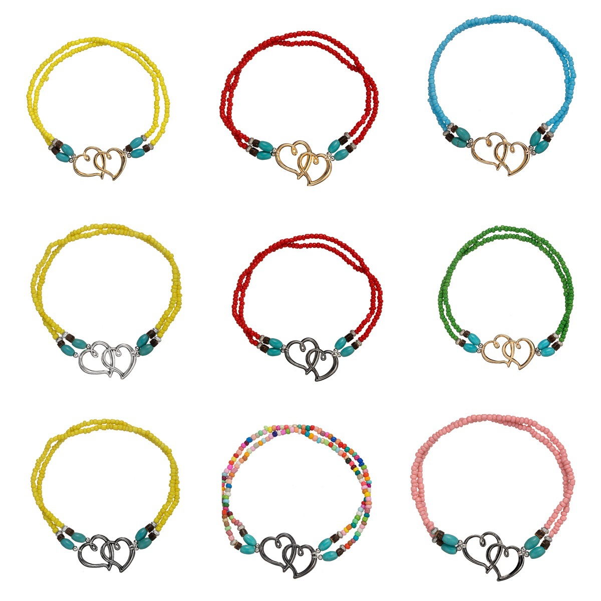 Trendy Vacation Style Alloy Double Heart Bead Turquoise Elastic Anklet - Image 7