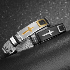 Stylish Men's Gold Cross Titanium Steel Bracelet with Steel Mesh Design