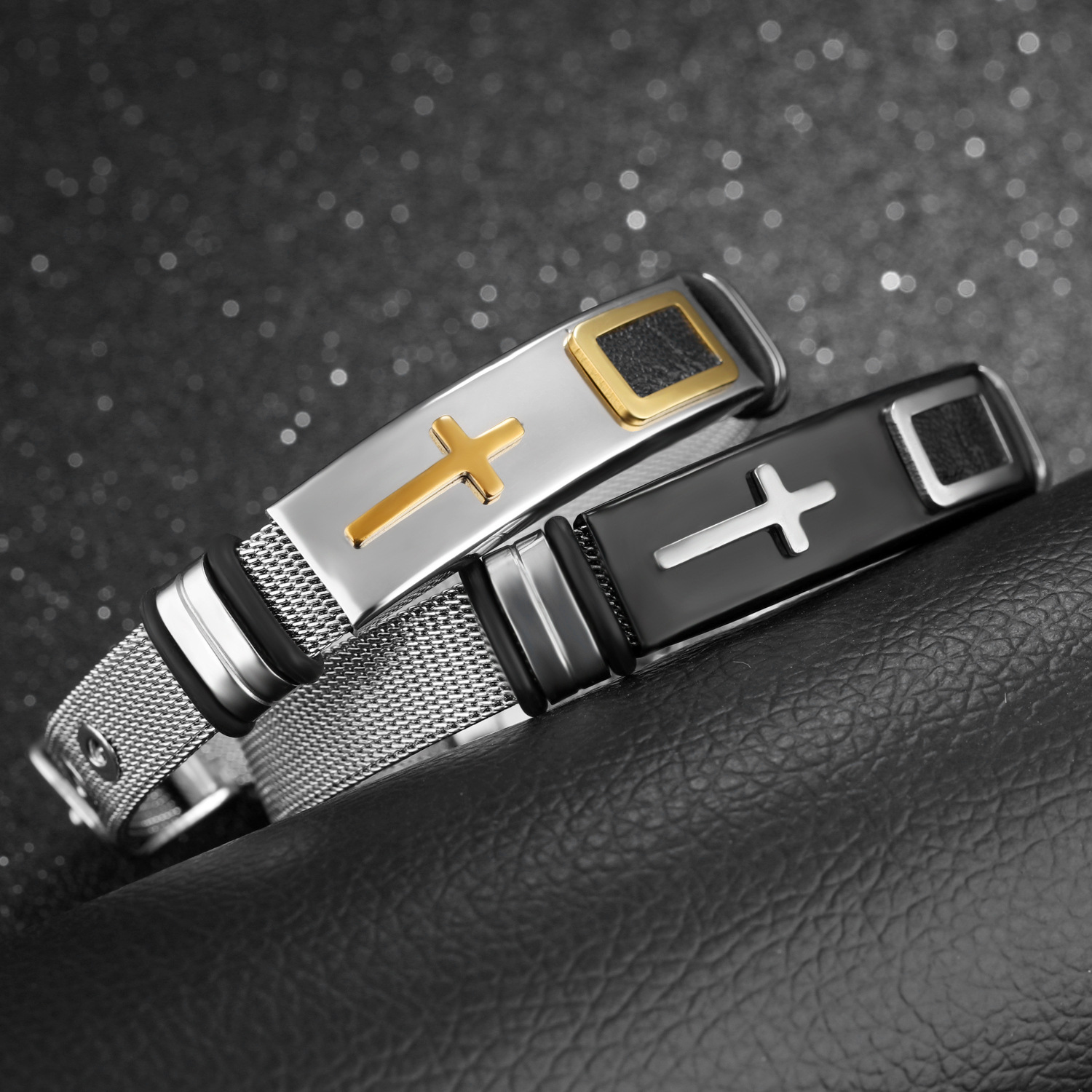 Stylish Men's Gold Cross Titanium Steel Bracelet with Steel Mesh Design