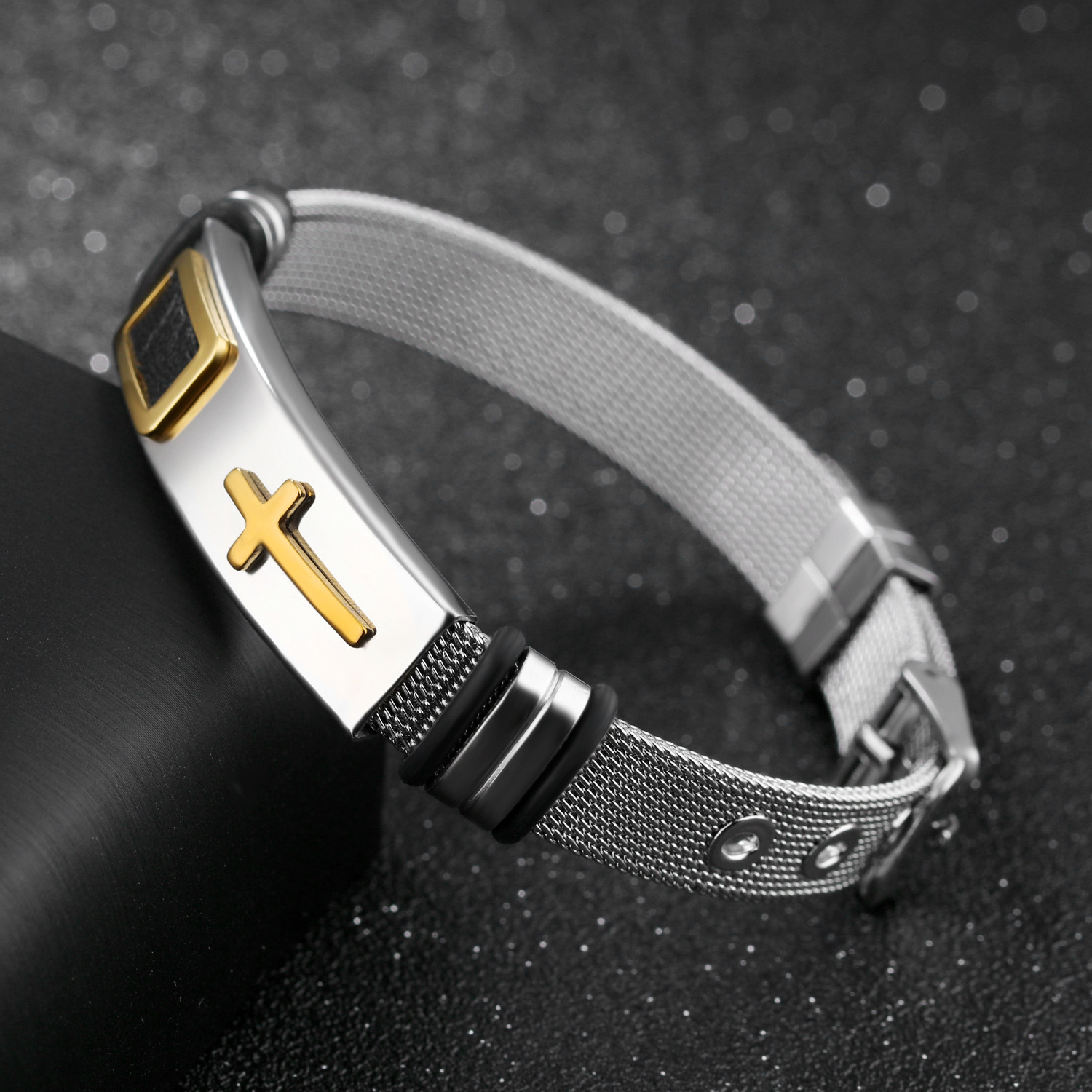 Stylish Men's Gold Cross Titanium Steel Bracelet with Steel Mesh Design - Image 2