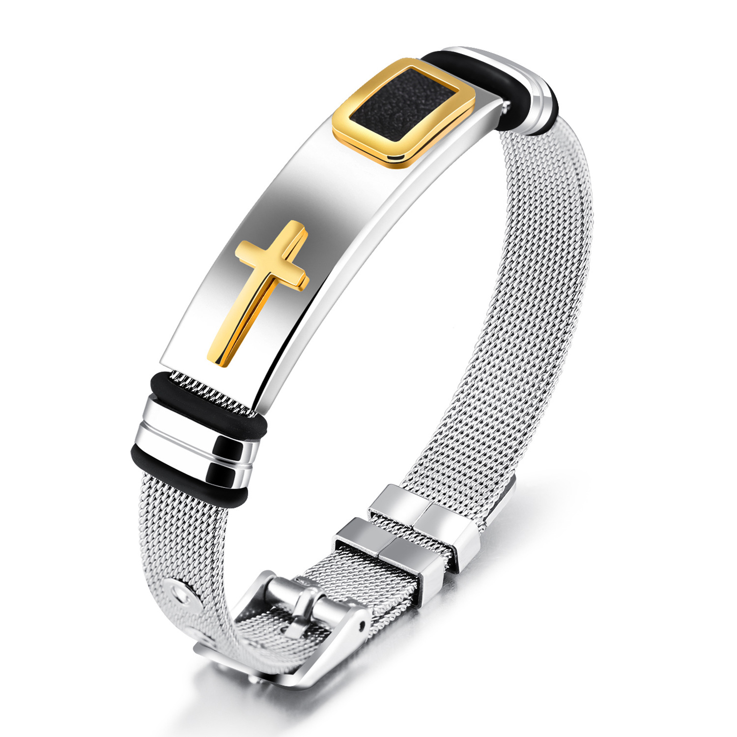 Stylish Men's Gold Cross Titanium Steel Bracelet with Steel Mesh Design - Image 3