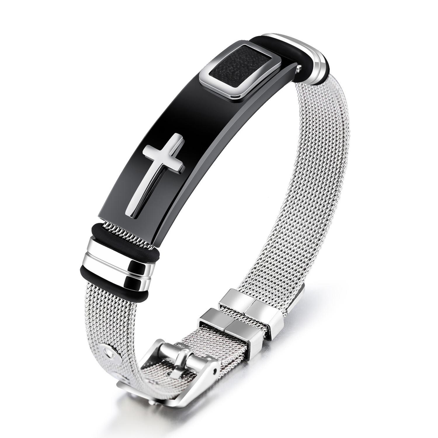 Stylish Men's Gold Cross Titanium Steel Bracelet with Steel Mesh Design - Image 4