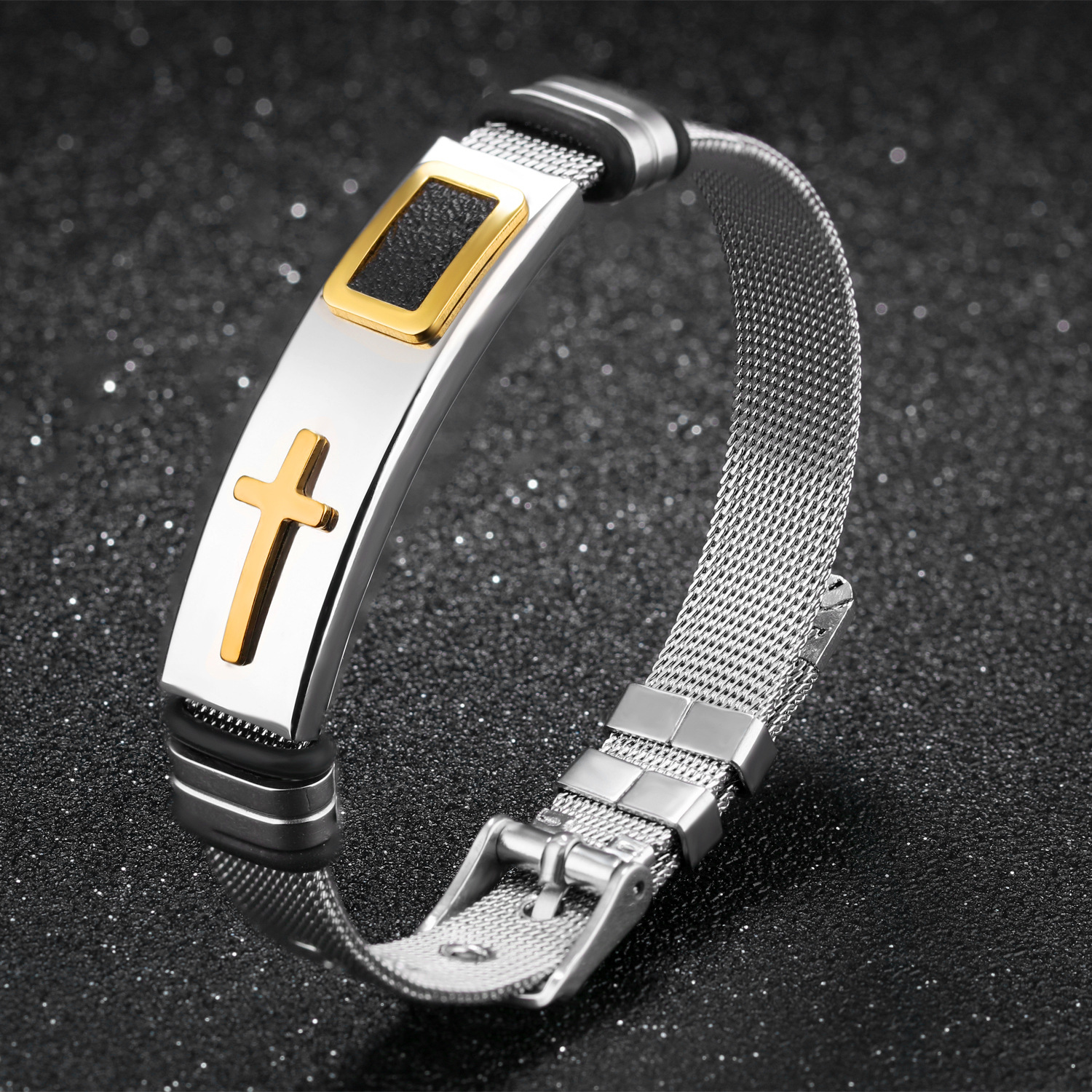 Stylish Men's Gold Cross Titanium Steel Bracelet with Steel Mesh Design - Image 5