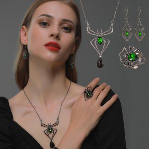 3pcs Vintage Halloween Spider Necklace Set with Drop-shaped Earrings & Ring