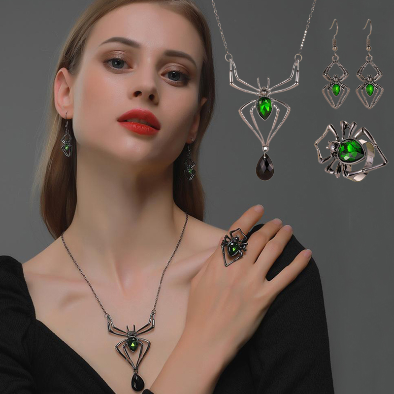 3pcs Vintage Halloween Spider Necklace Set with Drop-shaped Earrings & Ring