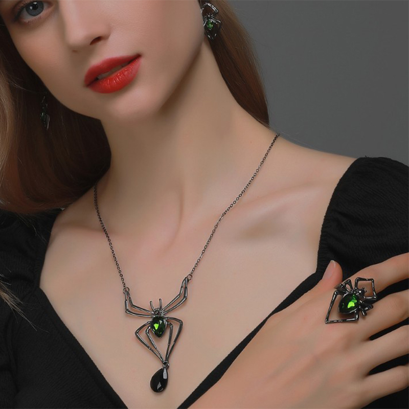 3pcs Vintage Halloween Spider Necklace Set with Drop-shaped Earrings & Ring - Image 3