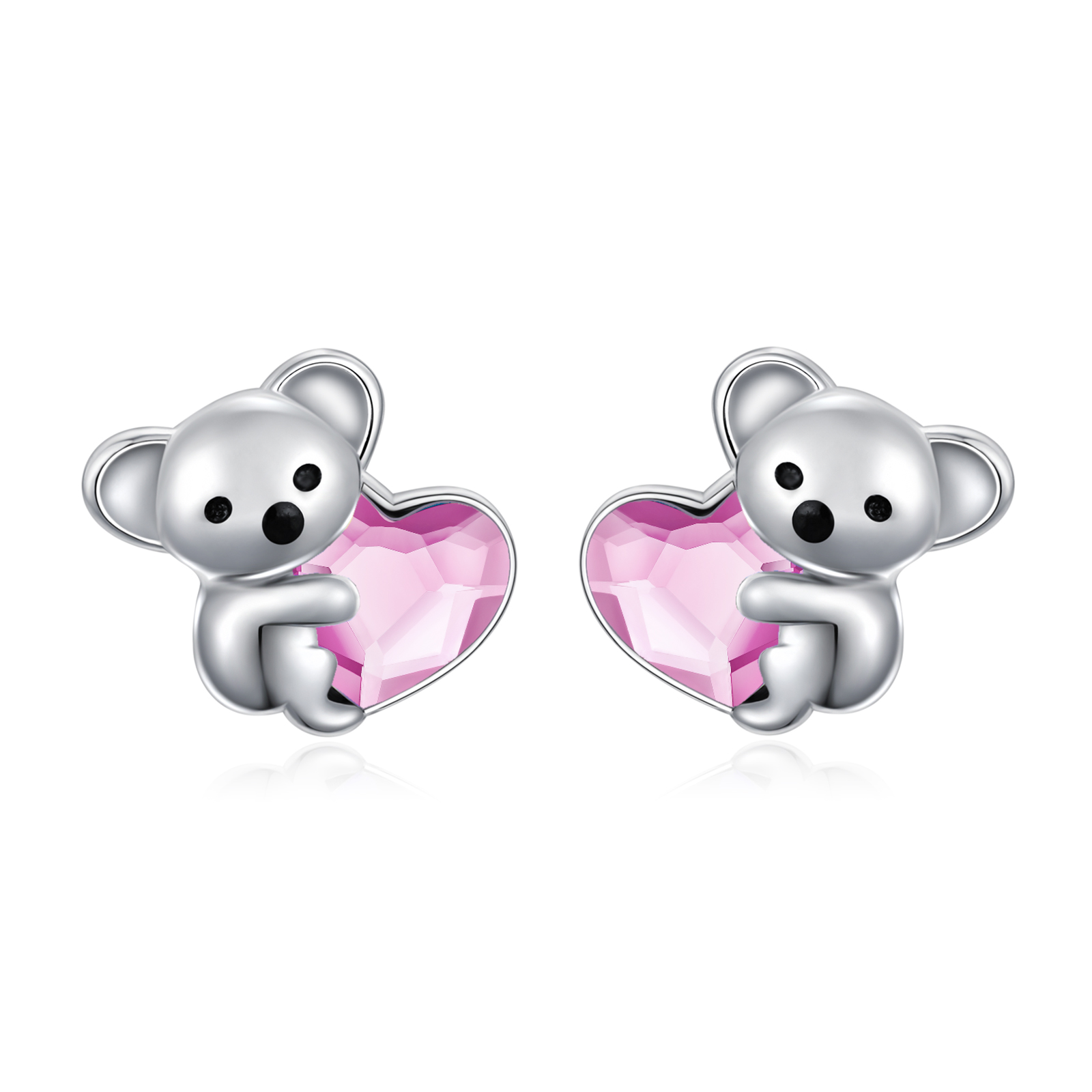 925 Sterling Silver Koala Bear Earrings - Cute Hypoallergenic Heart Crystal Jewellery - Image 2