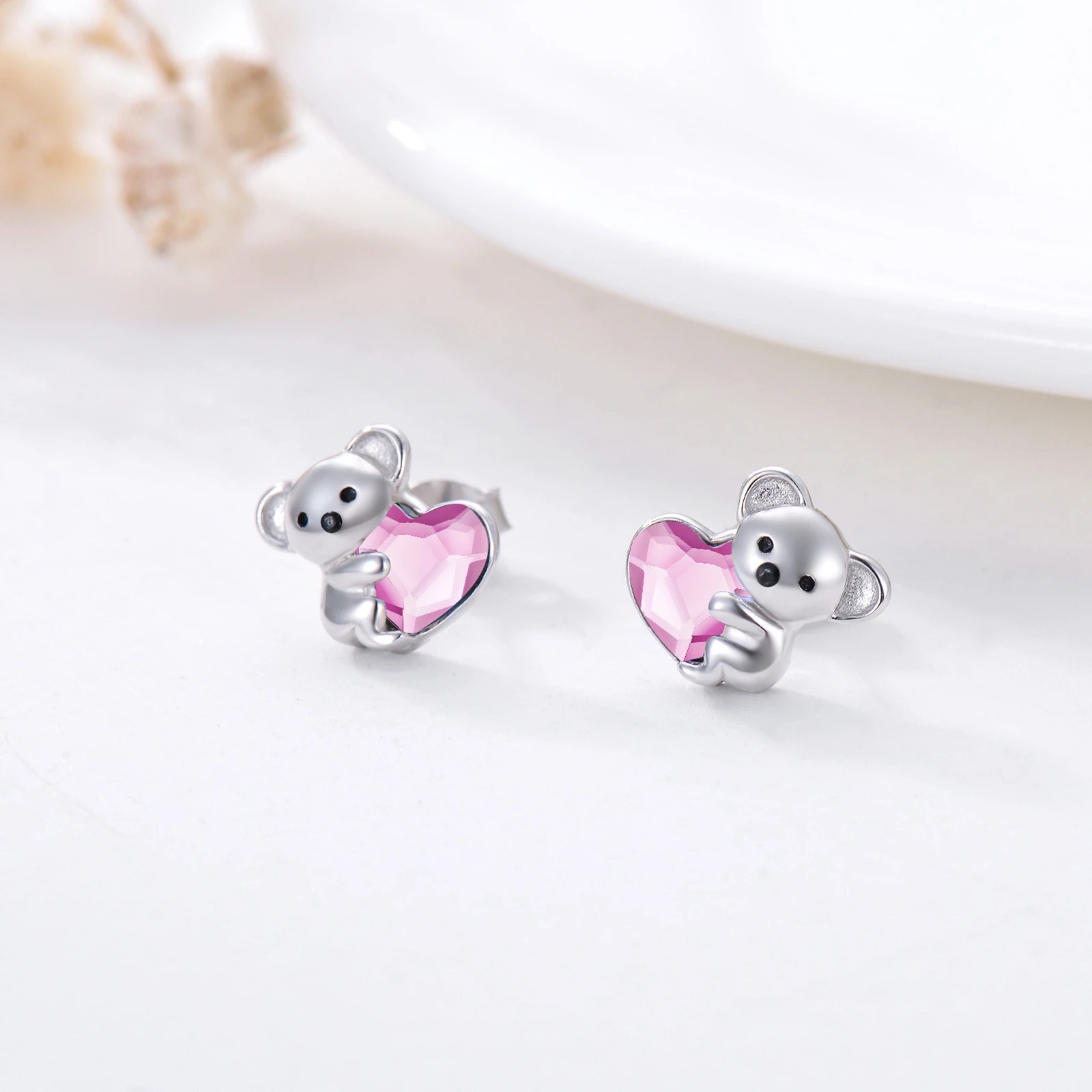 925 Sterling Silver Koala Bear Earrings - Cute Hypoallergenic Heart Crystal Jewellery - Image 4