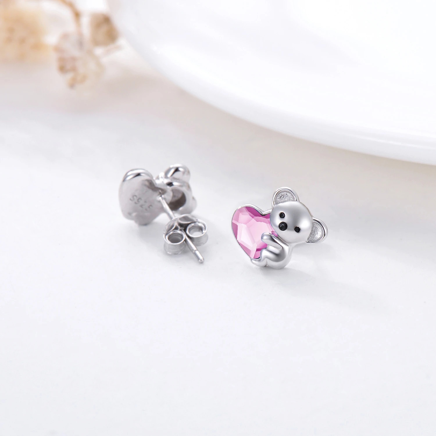 925 Sterling Silver Koala Bear Earrings - Cute Hypoallergenic Heart Crystal Jewellery - Image 5