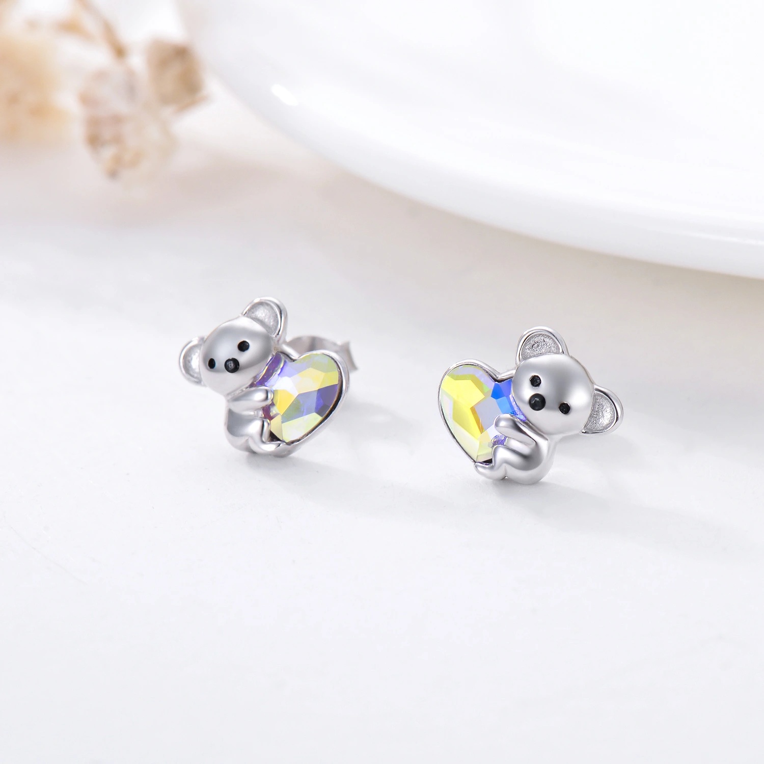 925 Sterling Silver Koala Bear Earrings - Cute Hypoallergenic Heart Crystal Jewellery - Image 7