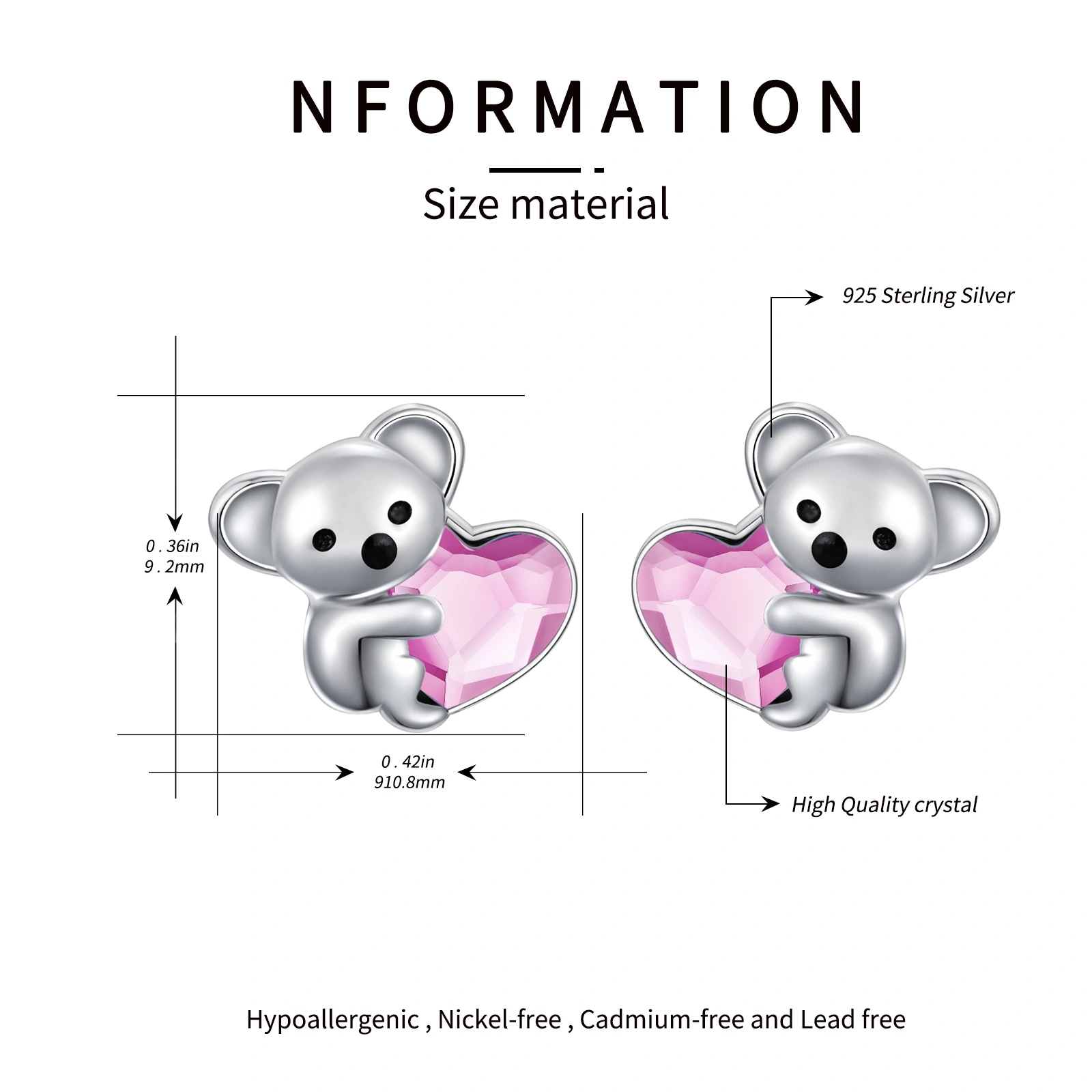 925 Sterling Silver Koala Bear Earrings - Cute Hypoallergenic Heart Crystal Jewellery - Image 9
