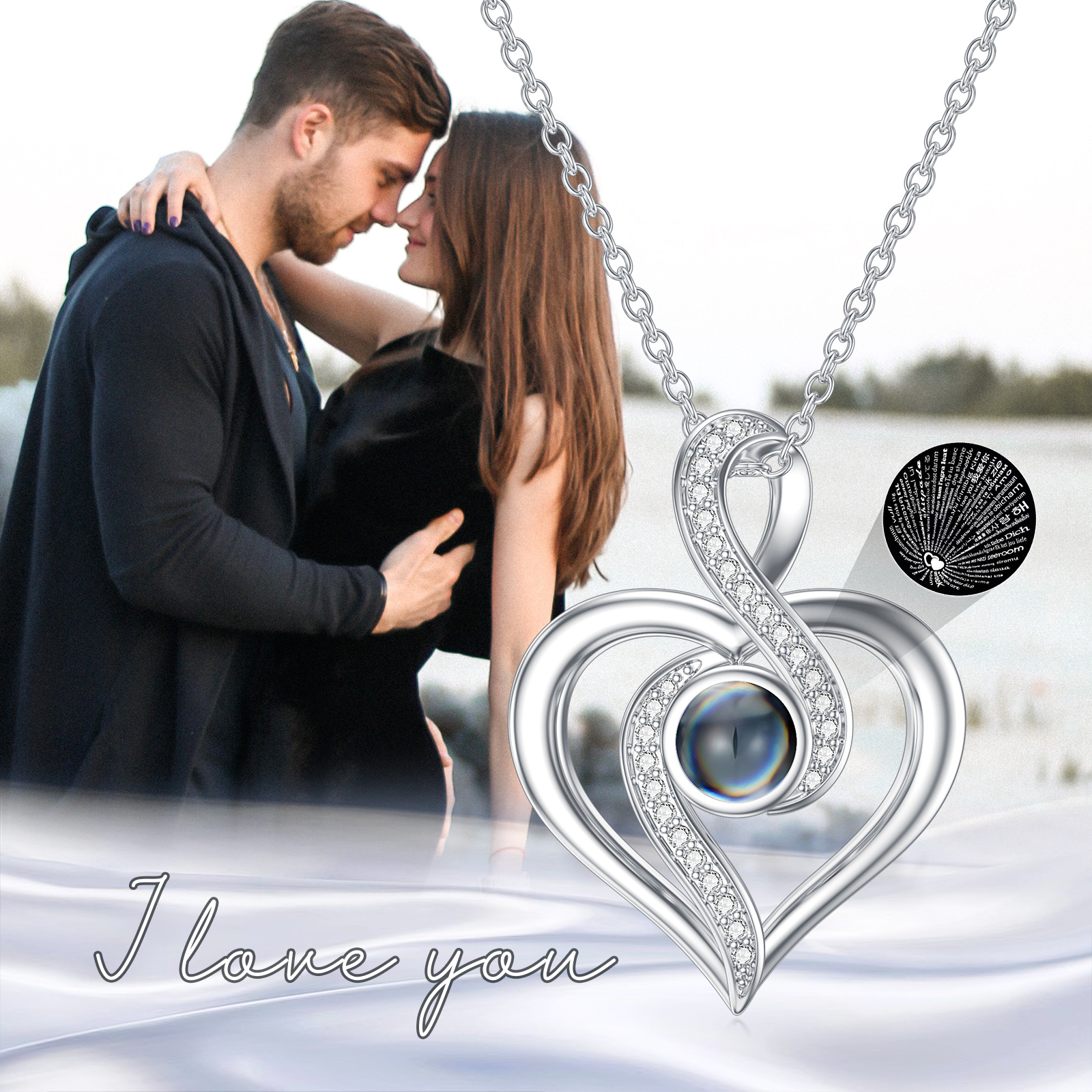 I Love You in 100 Languages Heart Infinity Projection Necklace - Image 5