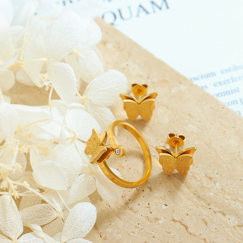 Frosted Texture Adorable Butterfly Titanium Steel Jewelry Set: Necklace, Earrings, and Ring - Image 2