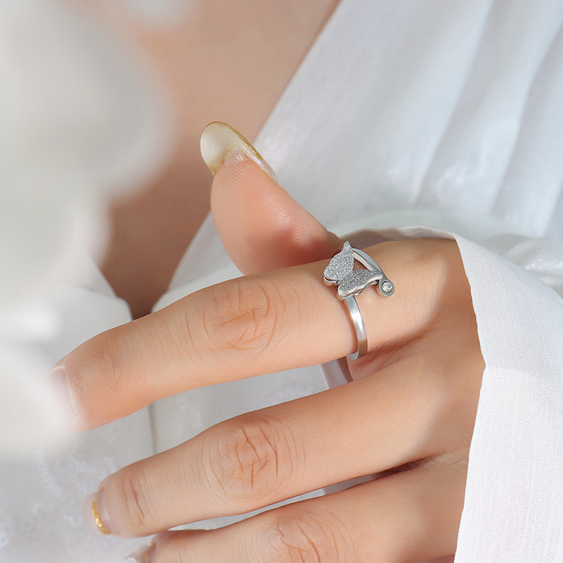 Frosted Texture Adorable Butterfly Titanium Steel Jewelry Set: Necklace, Earrings, and Ring - Image 8