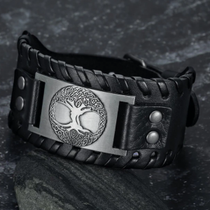 Asgard Premium Leather Buckle Arm Cuff Featuring Metal Celtic Tree of Life Design