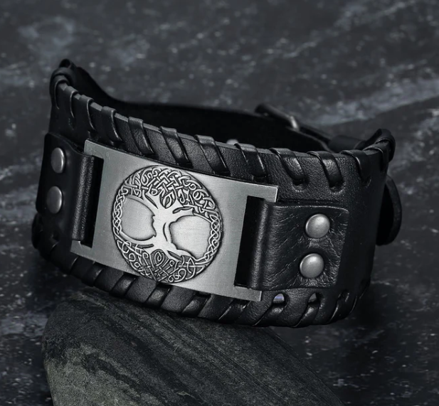 Asgard Premium Leather Buckle Arm Cuff Featuring Metal Celtic Tree of Life Design