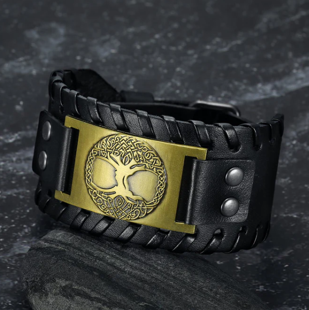 Asgard Premium Leather Buckle Arm Cuff Featuring Metal Celtic Tree of Life Design - Image 2