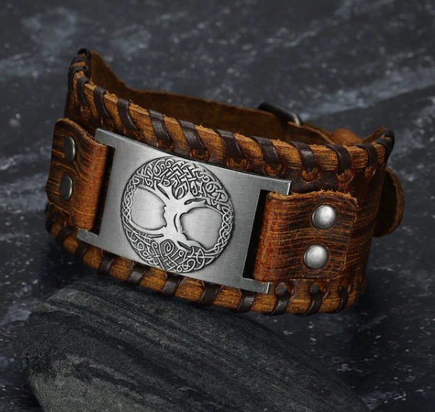 Asgard Premium Leather Buckle Arm Cuff Featuring Metal Celtic Tree of Life Design - Image 3