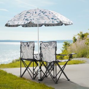 59x19.6x31in Fishing Chair with Parasol - Coconut Tree Pattern Camping Chairs