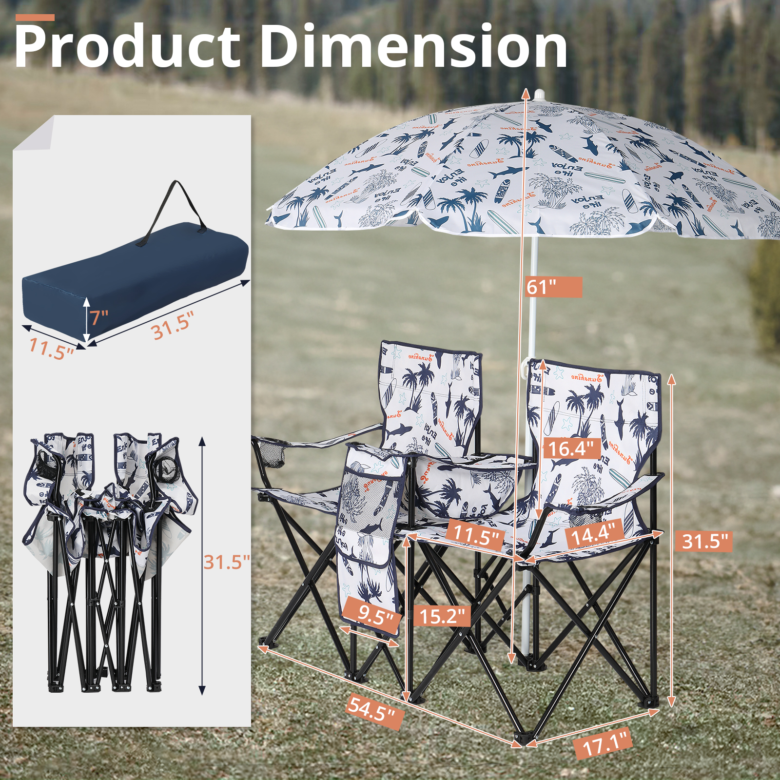 59x19.6x31in Fishing Chair with Parasol - Coconut Tree Pattern Camping Chairs - Image 2