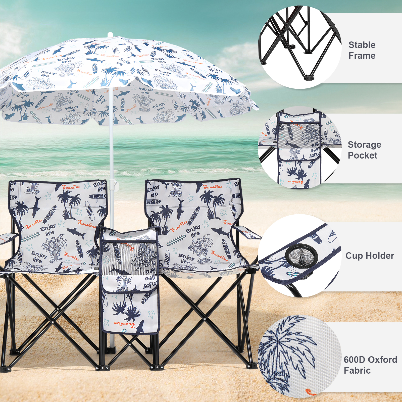 59x19.6x31in Fishing Chair with Parasol - Coconut Tree Pattern Camping Chairs - Image 3