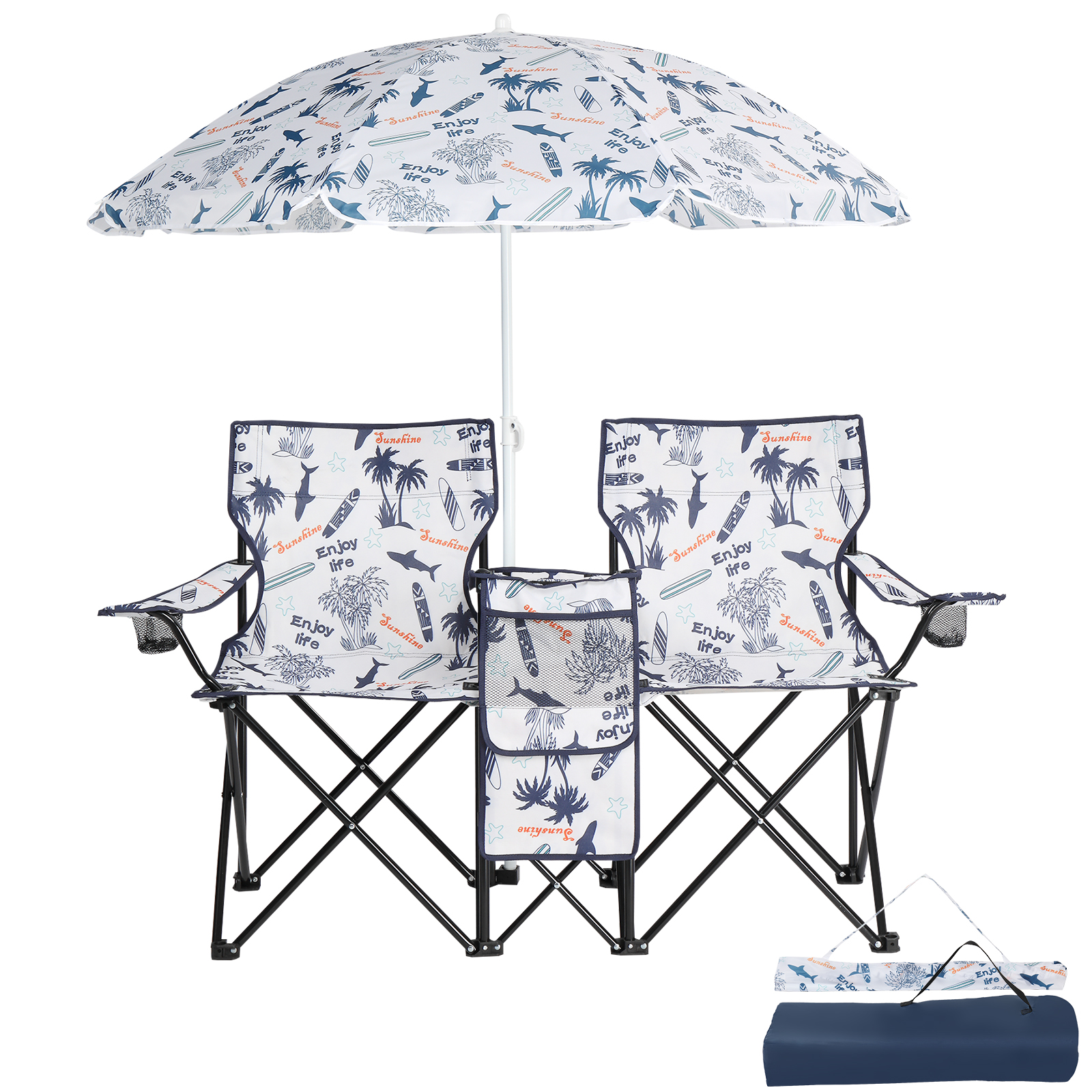 59x19.6x31in Fishing Chair with Parasol - Coconut Tree Pattern Camping Chairs - Image 4