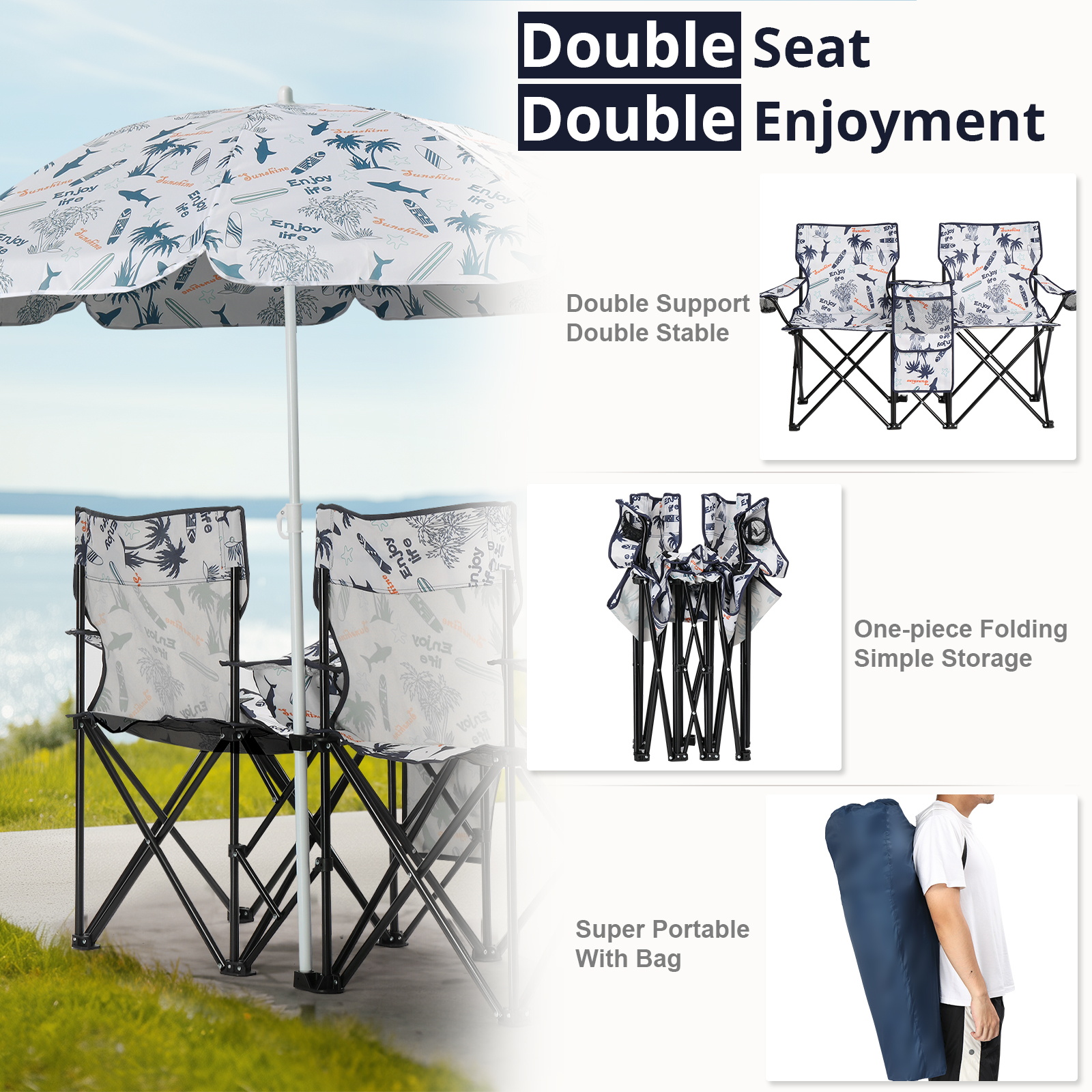 59x19.6x31in Fishing Chair with Parasol - Coconut Tree Pattern Camping Chairs - Image 5