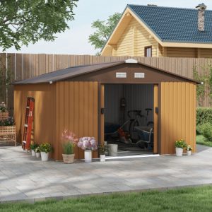 Outsunny 13 x 11 ft Metal Garden Shed - Secure Outdoor Tool Storage with Ventilation, Foundation Kit & Lockable Double Doors in Light Brown