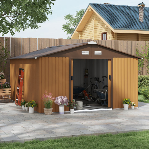 Outsunny 13 x 11 ft Metal Garden Shed - Secure Outdoor Tool Storage with Ventilation, Foundation Kit & Lockable Double Doors in Light Brown