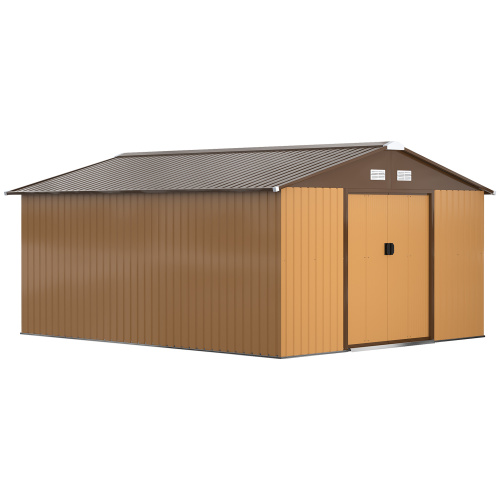 Outsunny 13 x 11 ft Metal Garden Shed - Secure Outdoor Tool Storage with Ventilation, Foundation Kit & Lockable Double Doors in Light Brown - Image 6