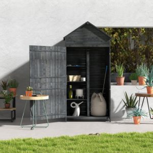 Outsunny 4-Tier Wooden Garden Shed - Outdoor Utility Cabinet with 3 Shelves, Lockable 2 Doors in Grey