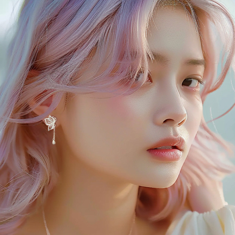 Stylish Women's S999 Silver Butterfly Earrings with Sweet Tassel Design - Image 4