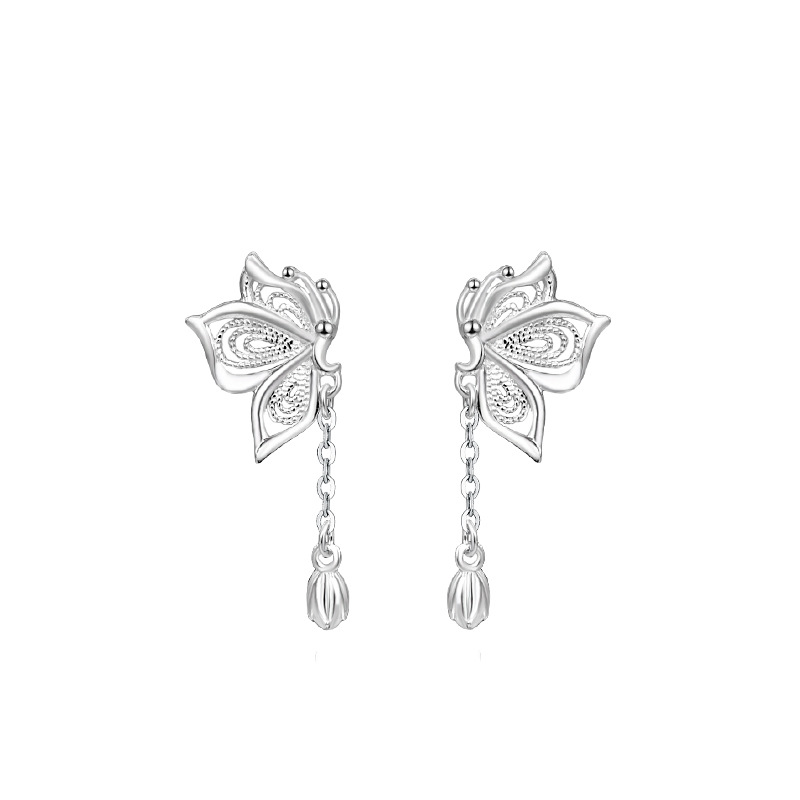 Stylish Women's S999 Silver Butterfly Earrings with Sweet Tassel Design - Image 5