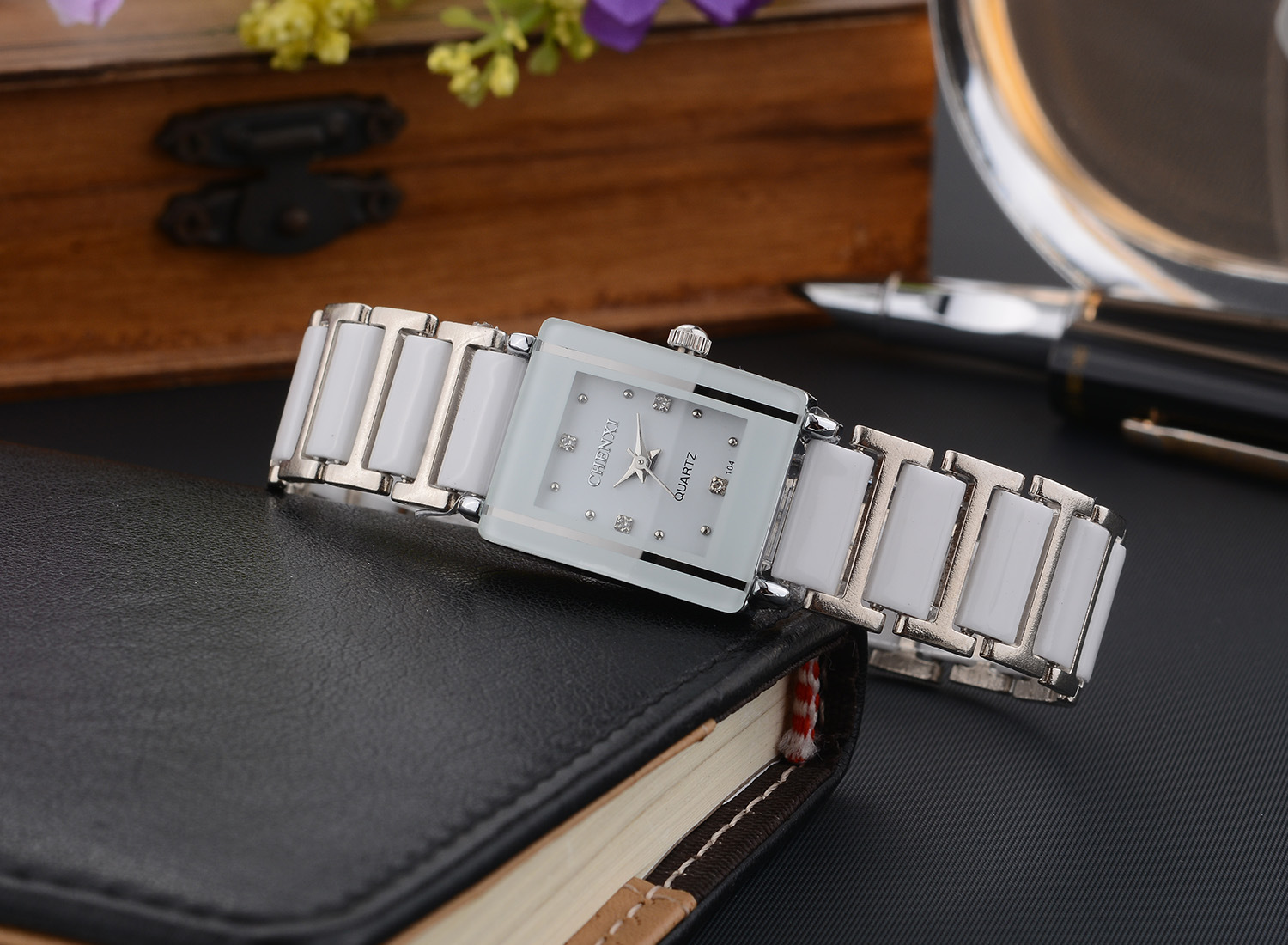Couple's Elegant Square Diamond Quartz Watch Set for Timeless Style - Image 6