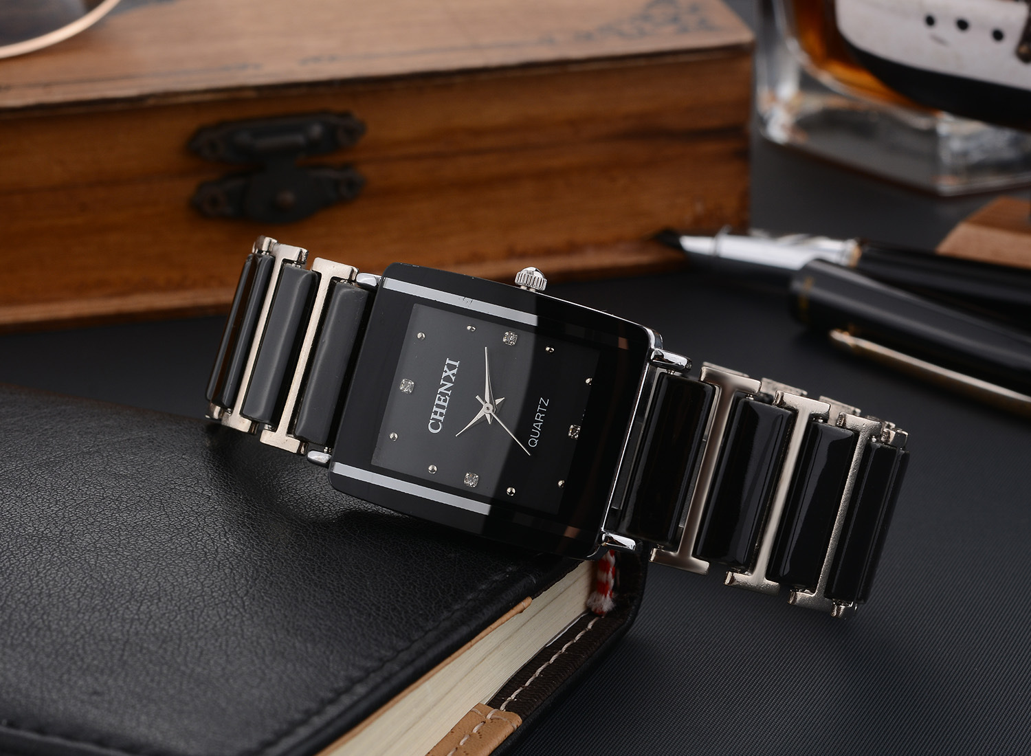 Couple's Elegant Square Diamond Quartz Watch Set for Timeless Style - Image 7