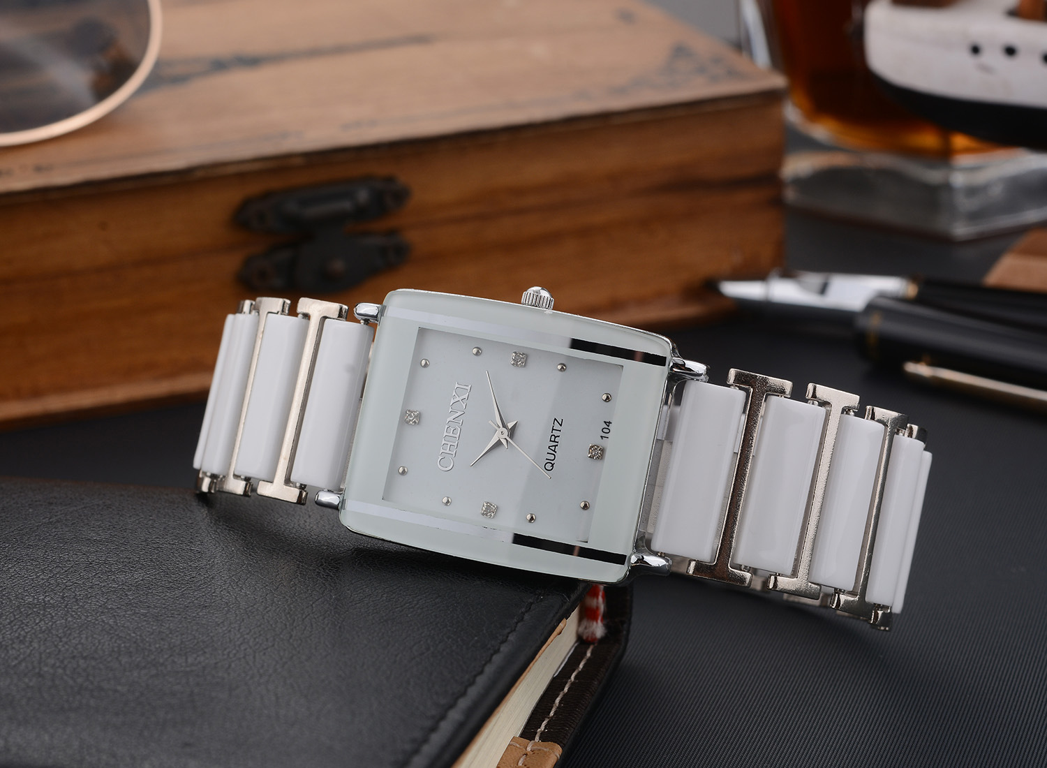 Couple's Elegant Square Diamond Quartz Watch Set for Timeless Style - Image 8