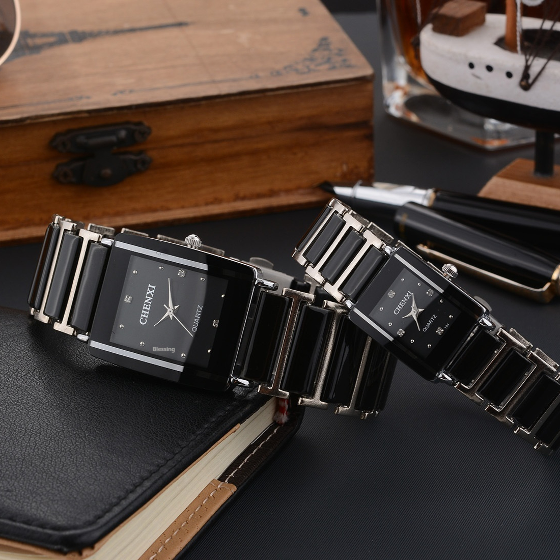 Couple's Elegant Square Diamond Quartz Watch Set for Timeless Style - Image 11