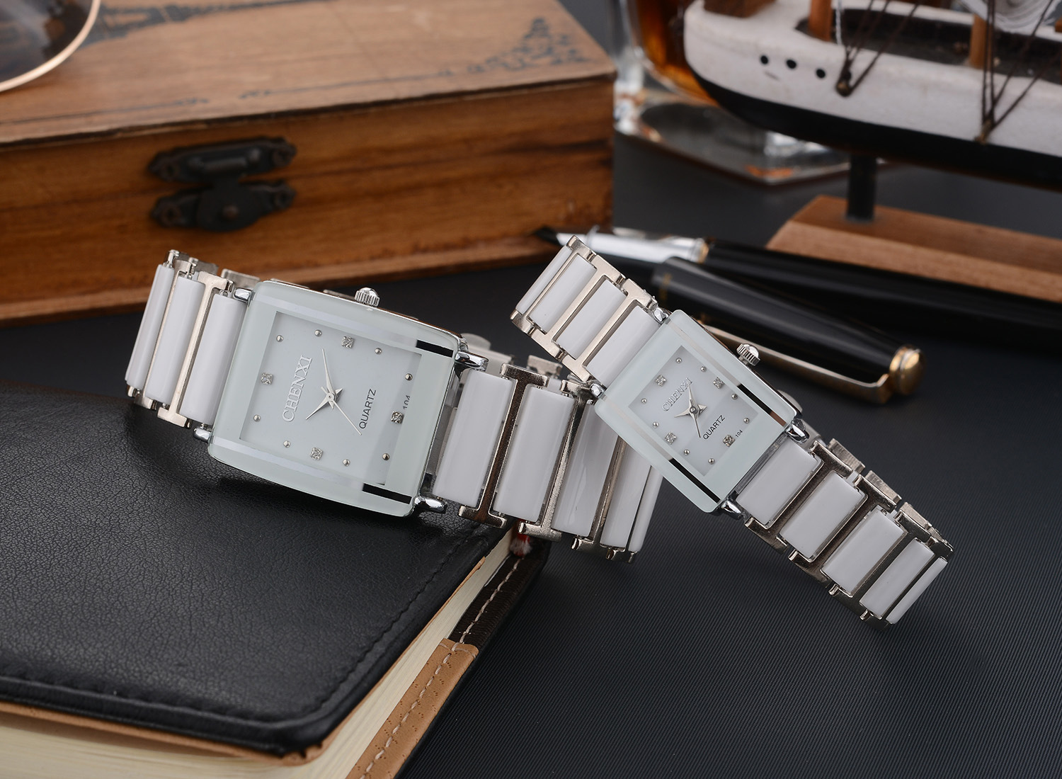 Couple's Elegant Square Diamond Quartz Watch Set for Timeless Style - Image 17