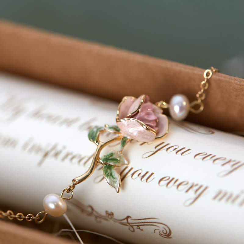 Elegant Super Gentle Rose Retro Enamel Drip Glazed Brass Gold-Plated Pearl Bracelet - Image 2