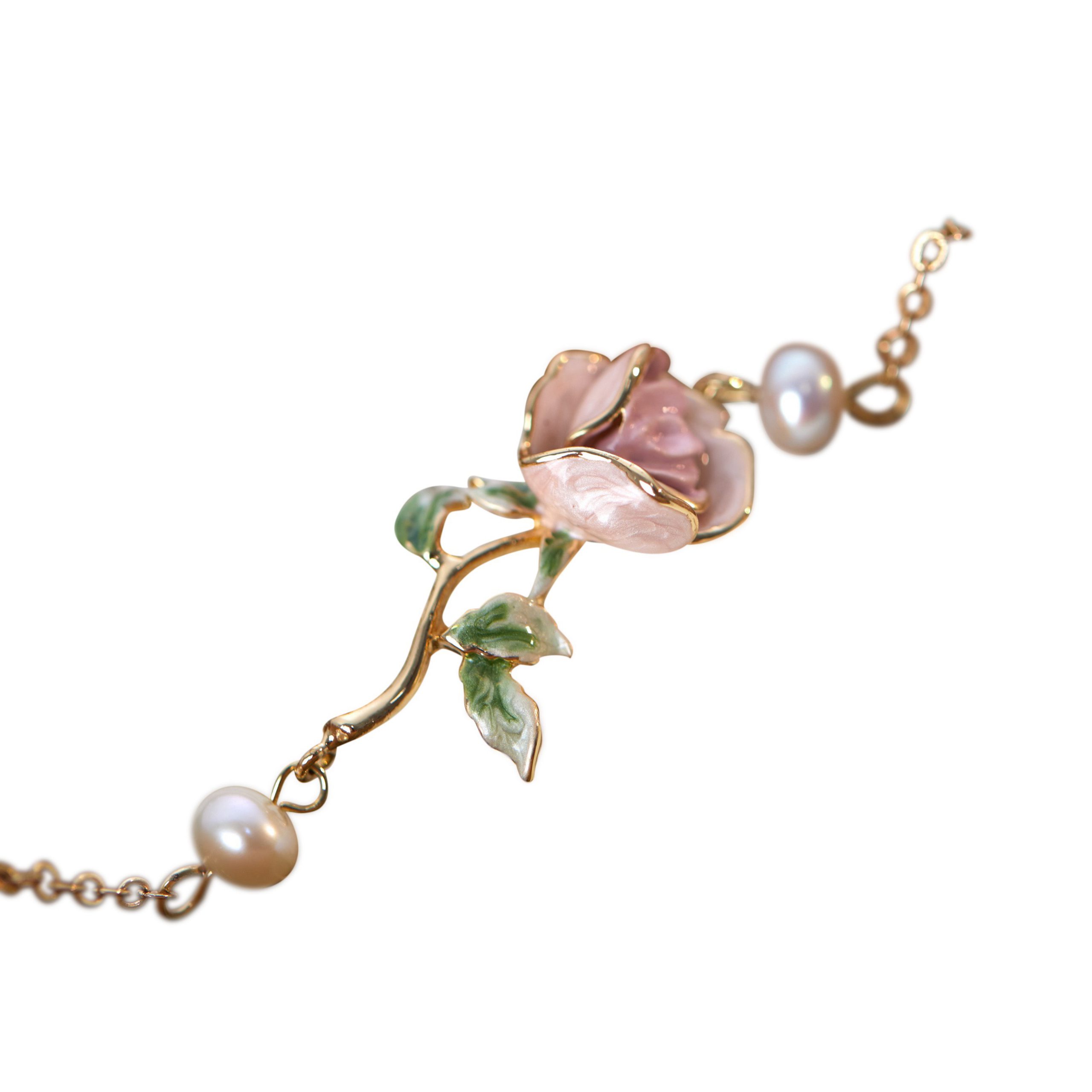 Elegant Super Gentle Rose Retro Enamel Drip Glazed Brass Gold-Plated Pearl Bracelet - Image 5