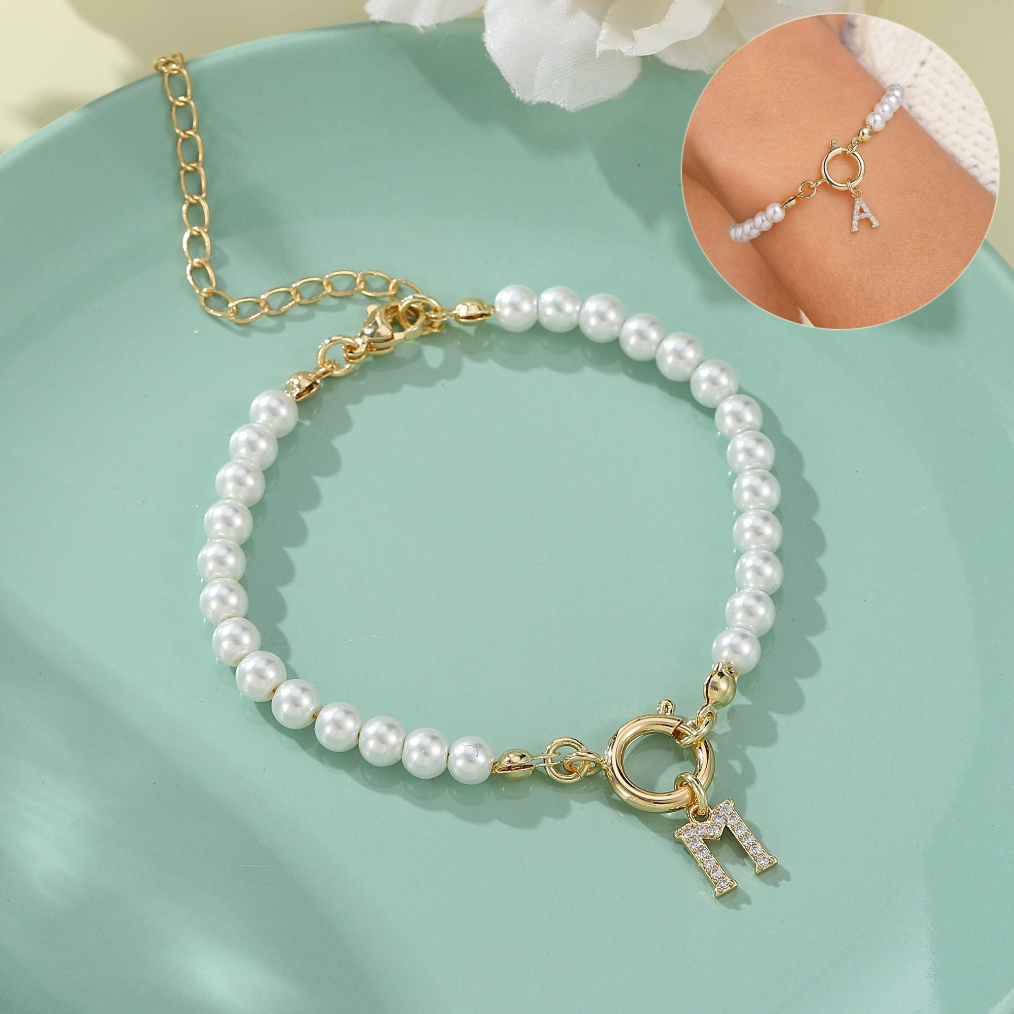 2024 Trendy Toggle Clasp Initial Bracelet for Women - A-Z Letter Pendant & 6mm Pearl Jewelry Gift - Image 11
