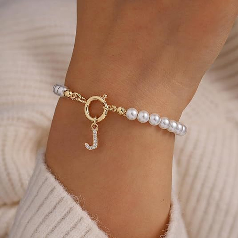 2024 Trendy Toggle Clasp Initial Bracelet for Women - A-Z Letter Pendant & 6mm Pearl Jewelry Gift - Image 22