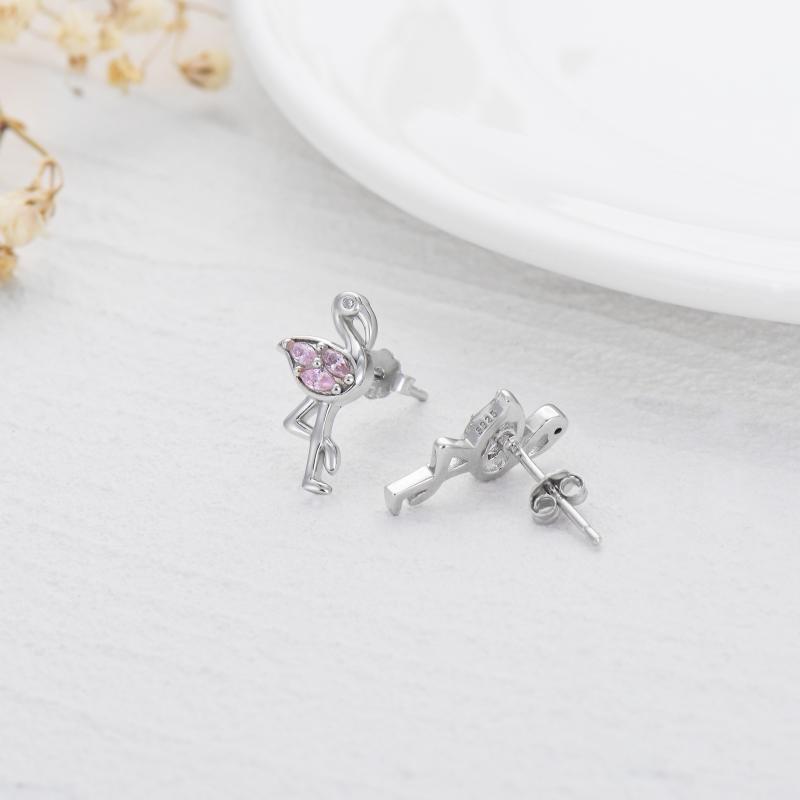 Stunning Pink Flamingo CZ Stud Earrings in White Gold Plated Sterling Silver - Image 3