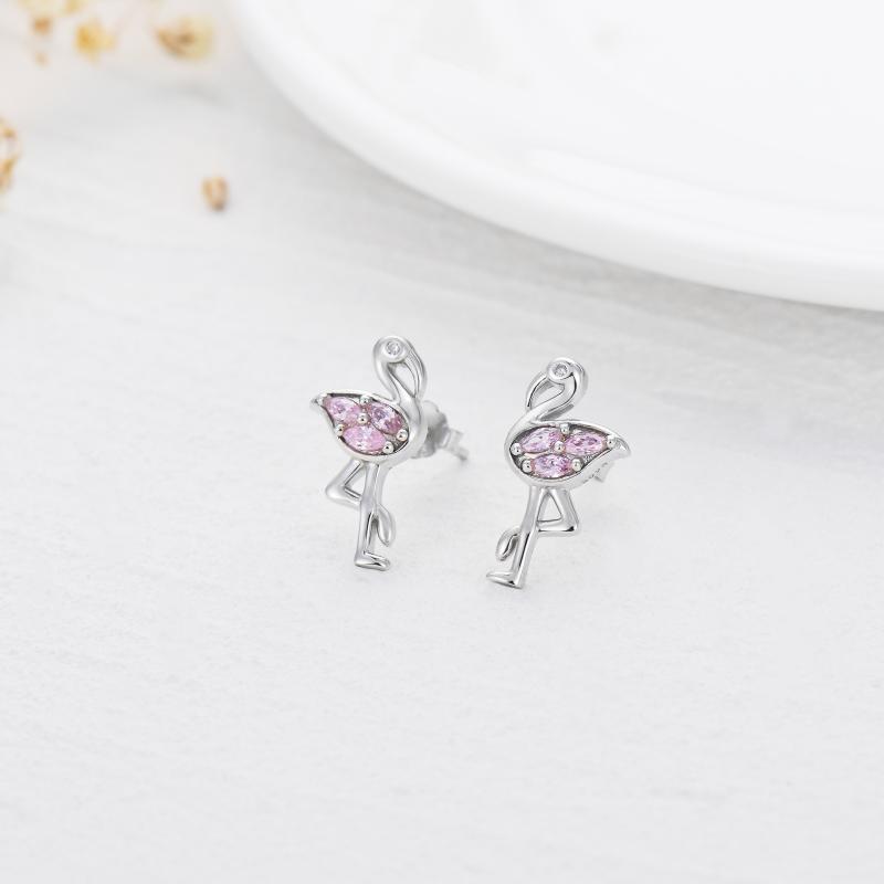 Stunning Pink Flamingo CZ Stud Earrings in White Gold Plated Sterling Silver - Image 4