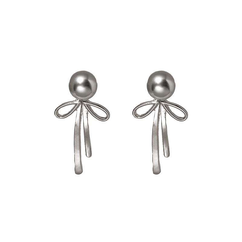 Elegant Silver Needle Niche Bow Earrings with Pearl for Women - Image 4