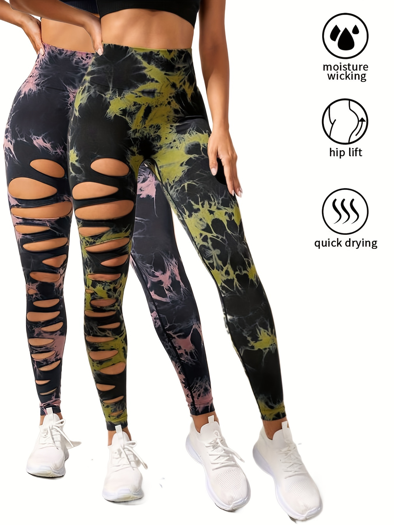 2 Pack High Waisted Tie Dye Cutout Leggings for Women - Sexy Hollow Design, Elastic Scrunch Butt Lifting, Tummy Control Yoga Pants for Workout and Athletic Wear - Image 9
