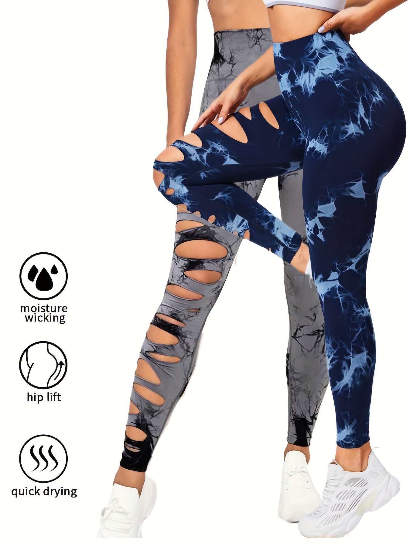 2 Pack High Waisted Tie Dye Cutout Leggings for Women - Sexy Hollow Design, Elastic Scrunch Butt Lifting, Tummy Control Yoga Pants for Workout and Athletic Wear - Image 10