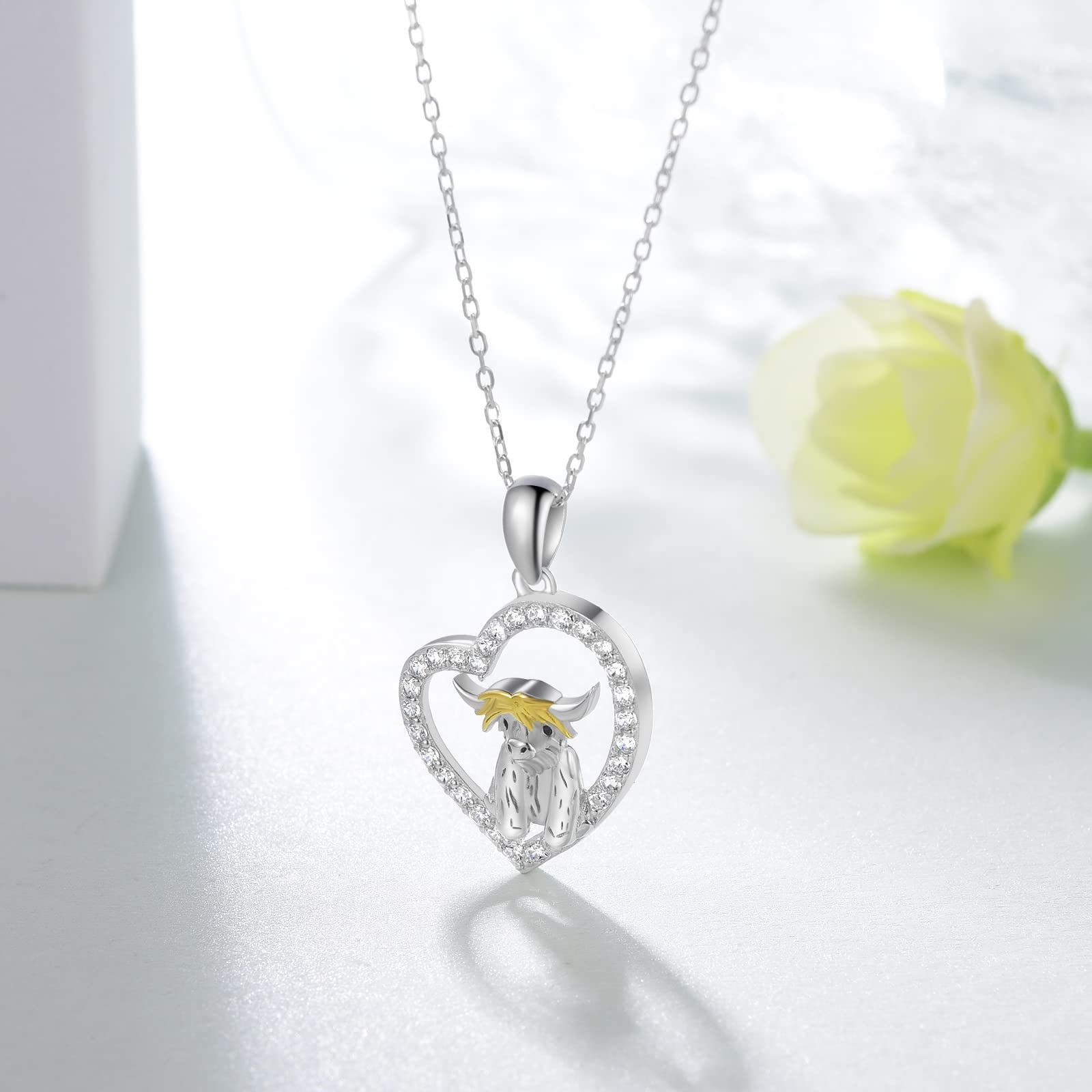 925 Sterling Silver Highland Cow Heart Necklace - Perfect Animal Jewelry Gifts for Women, Girls, and Daughters - Image 3