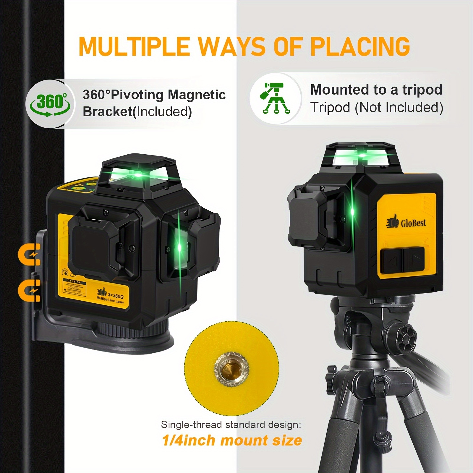 Self-Leveling Laser Level Tool - 3x360 Line Lasers, 12 Green Beam Lines, Rechargeable Leveler with Manual & Pulse Mode, 360 Magnetic Base - Image 6